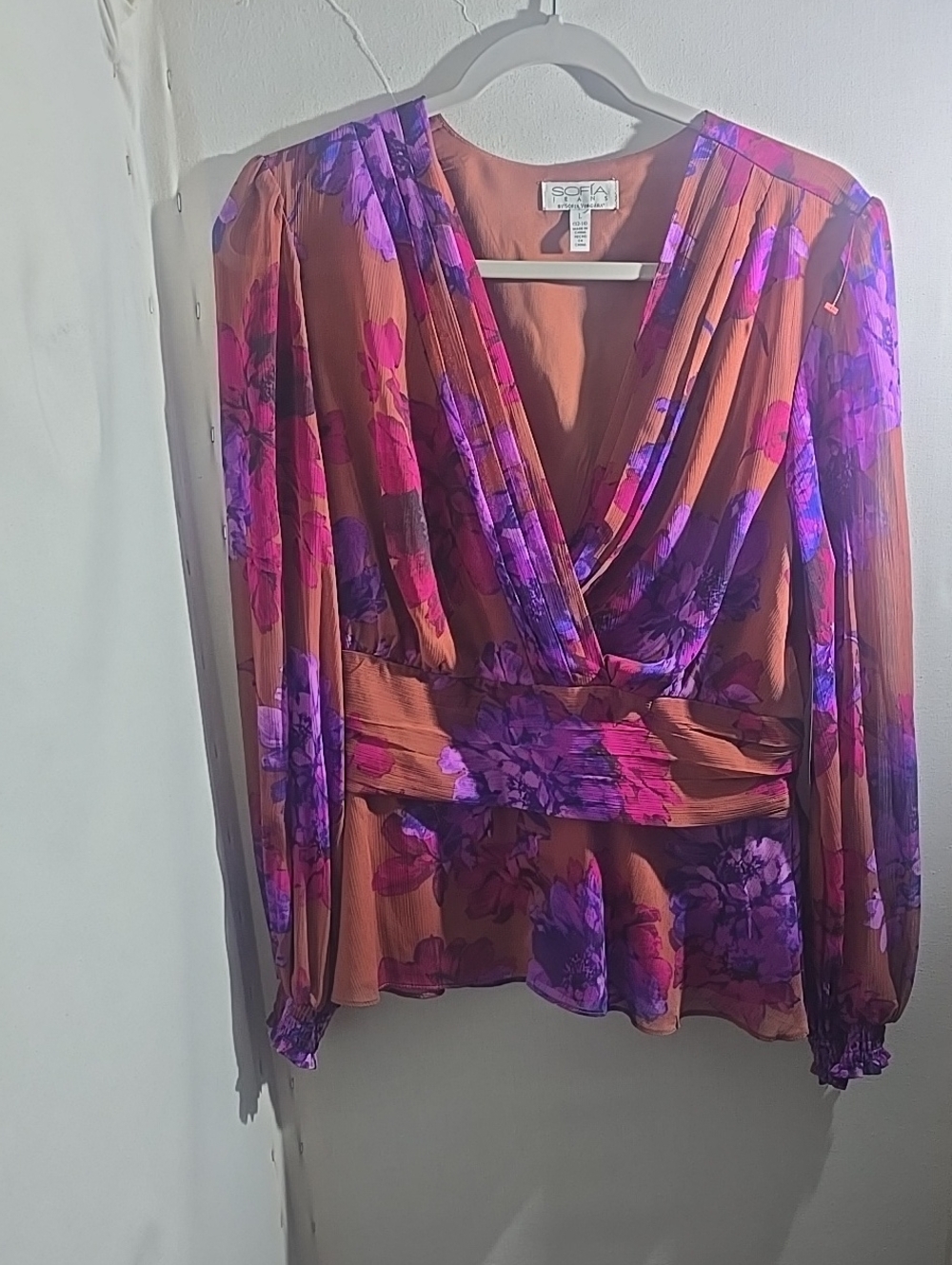 sofia by sofia vergara Rust Floral Wrap Blouse with Purple and Pink Print